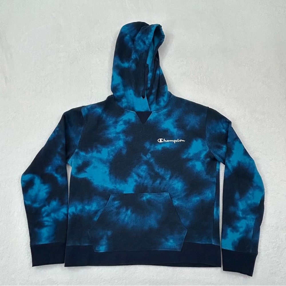Champion Spellout Blue Tie Dye Pullover Hoodie Sweatshirt Womens Streetwear